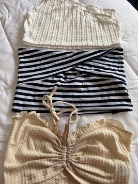 3 Tube Tops- Navy & White Bandeau with Cream Knit Tops Bundle